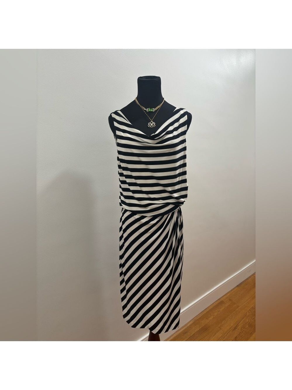 408. Lauren Ralph Lauren Blk/Wht Striped Cowl Neck W/ Ruched, Asymmetrical Waist